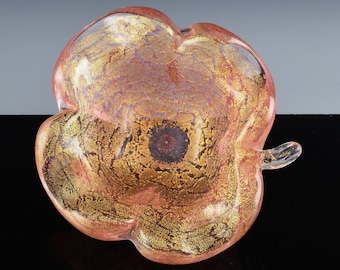 c1970s Murano Pink & Gold Aventurine 4 Leaf Clover Italian Art Glass Bowl Dish