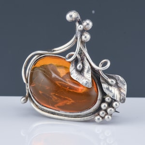 Superb Art Deco Polish 925 Sterling Silver & Baltic Amber Brooch Pin Pendant | FREE SHIPPING!