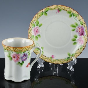 Superb Antique Nippon Hand Painted Floral Enamel Teacup & Saucer