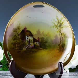 Stunning Vintage R.S Prussia Style Hand Painted Cottage Scenic Porcelain 3 Handled Serving Plate / Bowl