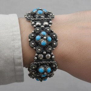 Superb Antique Chinese 900 Solid Silver Turquoise Stone Floral Cannetille Link Panel Bracelet | Free Shipping!