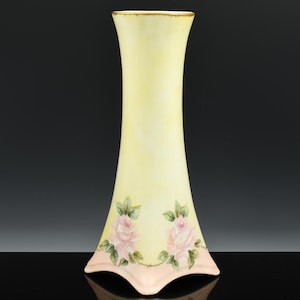 Stunning Antique German Bavarian Hand Painted Pink Roses Floral Porcelain Footed Vase | Fully Marked on Base | Stunning Flowers Throughout