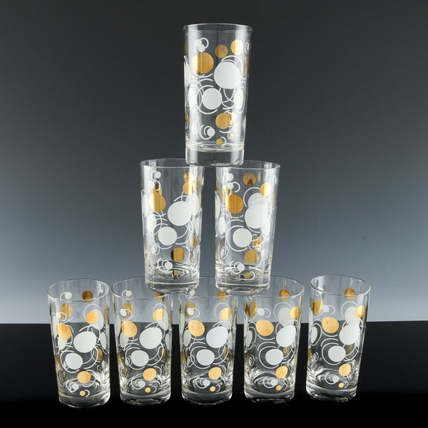 Rare Set Of 8 Russel Wright Eclipse White Gold Polka Dot Highball Tumbler Glasses | Retro | MCM