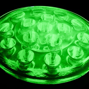 Quality Antique Green Vaseline Uranium Glass Flower Frog Vase | Rare Find | GLOWS