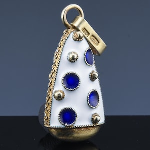Very Unique Antique Polish Gold Washed 925 Sterling Silver Blue & White Enamel Bow Poke Bell Figural Pendant image 2