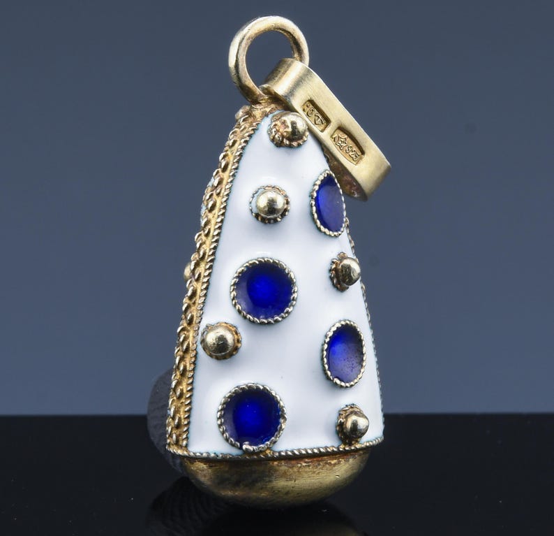 Very Unique Antique Polish Gold Washed 925 Sterling Silver Blue & White Enamel Bow Poke Bell Figural Pendant image 2