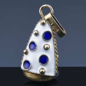 Very Unique Antique Polish Gold Washed 925 Sterling Silver Blue & White Enamel Bow Poke Bell Figural Pendant image 3