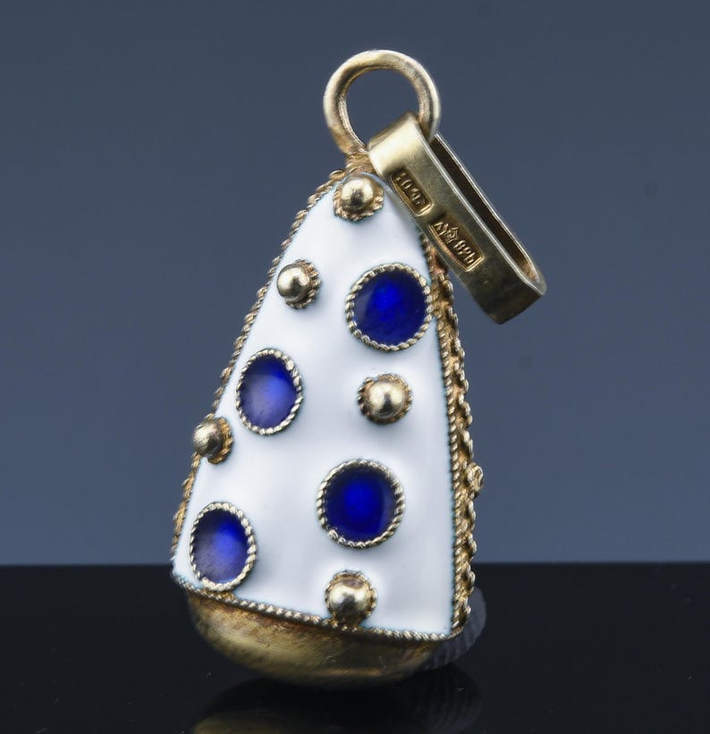 Very Unique Antique Polish Gold Washed 925 Sterling Silver Blue & White Enamel Bow Poke Bell Figural Pendant image 3