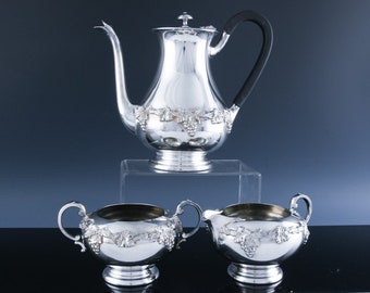 Very Nice 3 Piece Victorian Plate English Silver Plate Grape & Vine Pattern Tea Pot Creamer Sugar Bowl Tea Set | c1950s | Very Fine Look