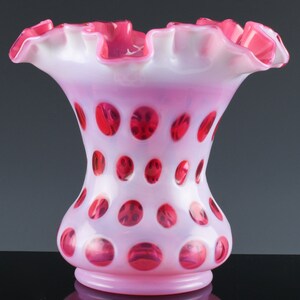 Fantastic Older Fenton Hand Blown Cranberry Opalescent Glass Thumbprint Coin Dot Ruffled Brim Vase | Super Rich Color | Old Fenton Glass