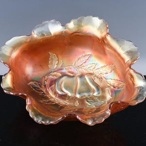 Superb Large Vintage Dugan Peach & Pear Figural Marigold Iridescent Carnival Glass Centerpiece Serving Bowl | Part Of Listed Collection