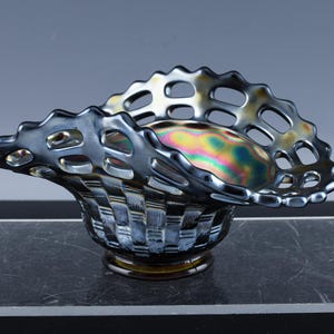 Rare Antique Fenton Basket Weave Open Edges Amethyst Iridescent Carnival Glass Candy Bon Bon Dish Bowl | Part Of Listed Collection!