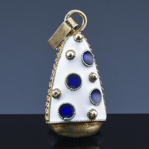 Very Unique Antique Polish Gold Washed 925 Sterling Silver Blue & White Enamel Bow Poke Bell Figural Pendant image 5