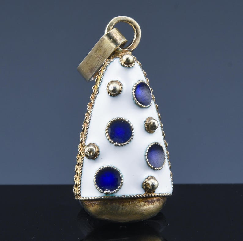 Very Unique Antique Polish Gold Washed 925 Sterling Silver Blue & White Enamel Bow Poke Bell Figural Pendant image 5