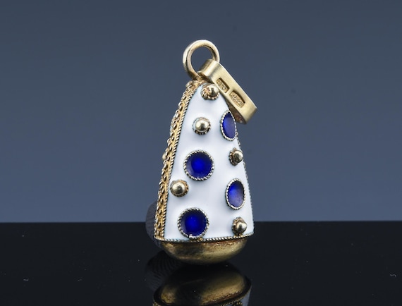 Very Unique Antique Polish Gold Washed 925 Sterling Silver Blue & White Enamel Bow Poke Bell Figural Pendant
