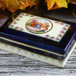 Top Quality Antique c1920s Porcelain German Hand Painted Lady Cherub Floral Maiden Dresser Jewelry Trinket Box