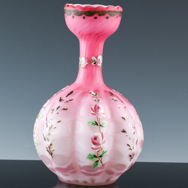 Very Fine Antique Fenton Vibrant Pink Satin Opaline Glass & Hand Painted Enamel Flowers Flower Vase | Superb Floral Designs  | Hand Made