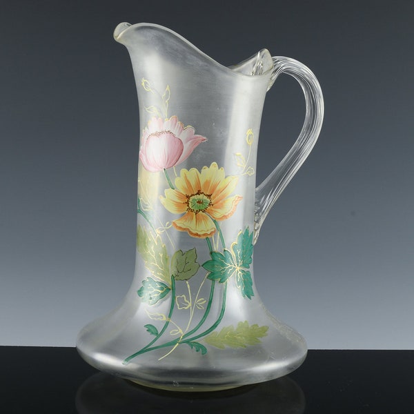 Very Pretty Antique Victorian Frosted Glass Hand Painted Enamel Flowers Water Lemonade Pitcher Jug