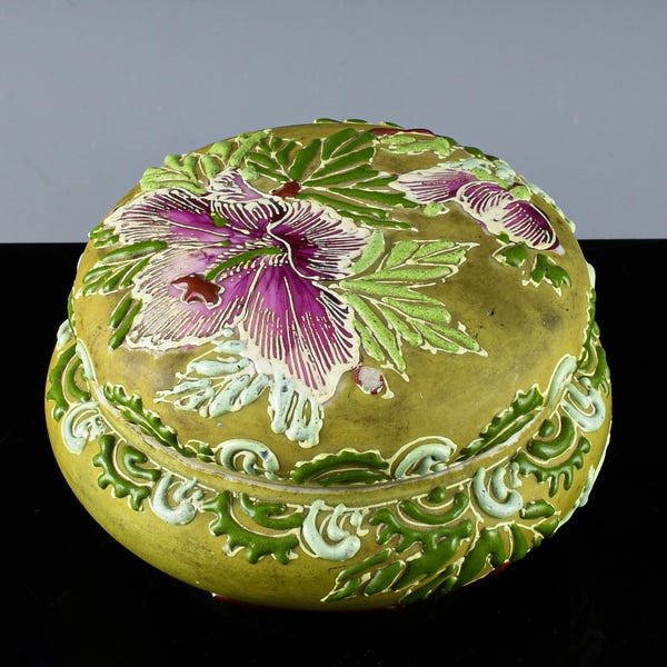 Stunning Antique Nippon Japanese Floral Moriage Embossed Hand Painted Porcelain Trinket Box Dresser Box Powder Box Pill Jar | Superb Look!