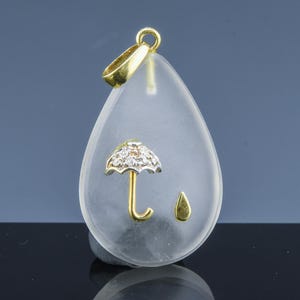 Stunning Vintage 14k Gold & Quartz Umbrella Figural Pendant w Cubic Zirconia Stones FREE SHIPPING