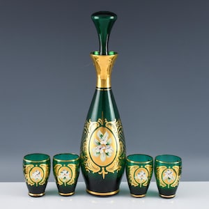 Fine 5pc Italian Emerald Green Gold Gilt Enamel Floral Decanter & Glass Set | Vintage Hand Painted Barware | Similar To Murano
