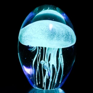 Stunning Unique Vintage Turquoise Baby Jellyfish Uranium? Glowing UV Reactive Art Glass Paperweight | GLOWS In The Dark