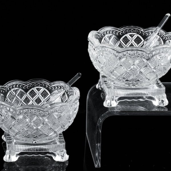 Fine Pair Of Elegant Vintage Fostoria Avon Clear Pressed Glass Salt Cellars Bowl Dishes w Spoons