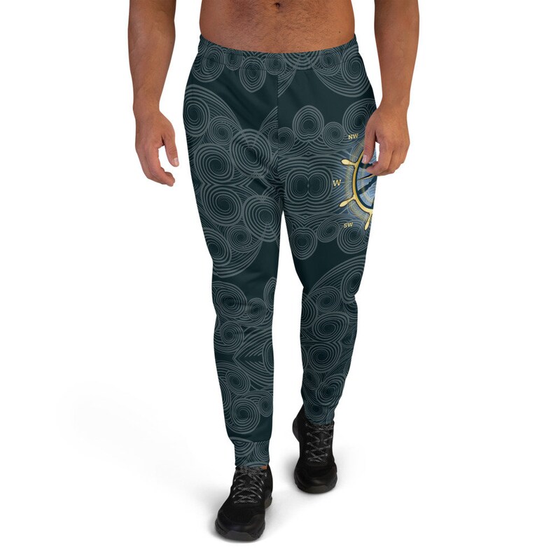 Joggers Nautical Theme Compass Rose on Thigh Swirl Pattern Overall Sweatpants Unisex
