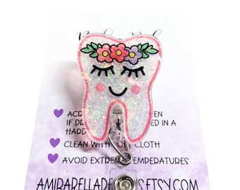 Flowers Tooth Badge Reel Clip, Gift for Dentist, Dental, Tooth