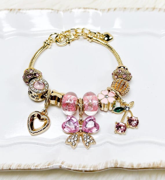 Pink Pandora Style Charm Bracelet: Elegant Silver Accents