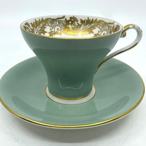 Aynsley Sage Green and Gold Corset Shaped Teacup and Saucer