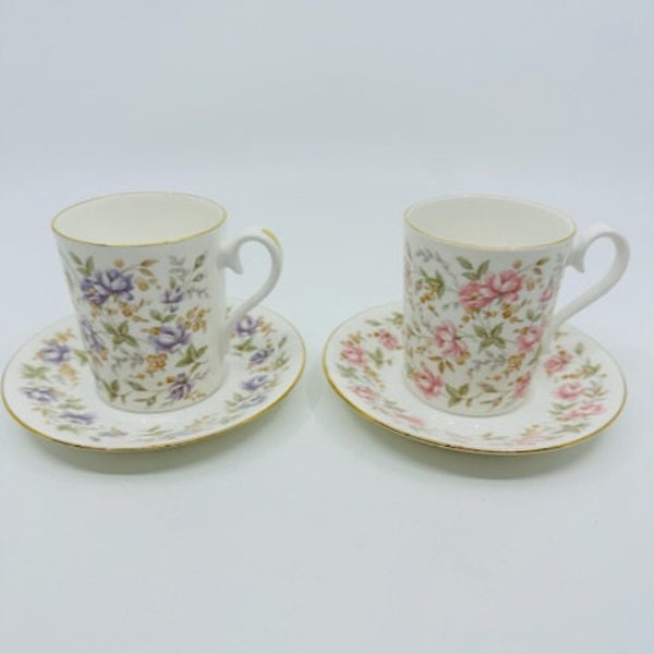 Royal Albert Rose Chintz Series Pink Brocade and Purple Lace Teacups and Saucers