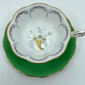 Rare Royal Albert Green Hand Painted Wide Mouth Teacup and Saucer