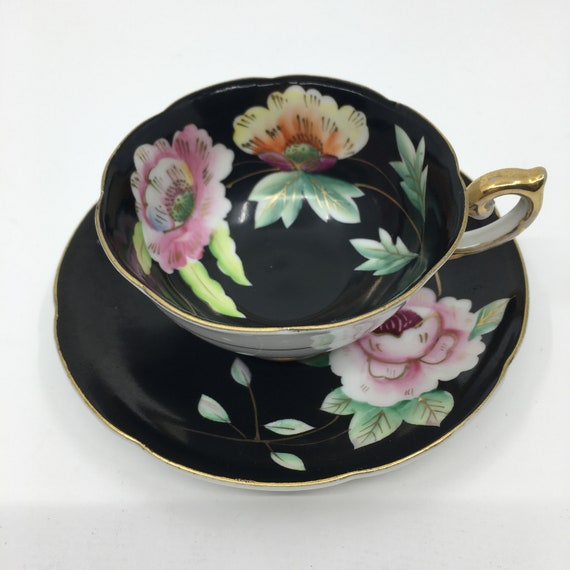 Ardalt ハンドペイント デミタス ティーカップ 黒 花と蝶のデザイン 