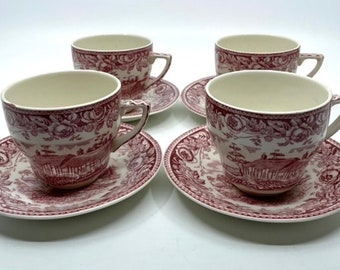 Set of Four British Anchor Scenes From The Shakespeare Country Red Transferware Teacups and Saucers