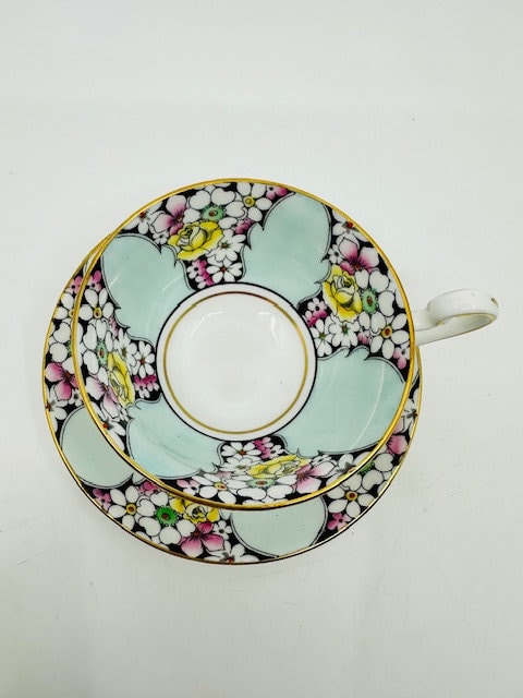 Victoria C&E “Florette” Baby Blue and Black Panelled Floral Teacup and Saucer