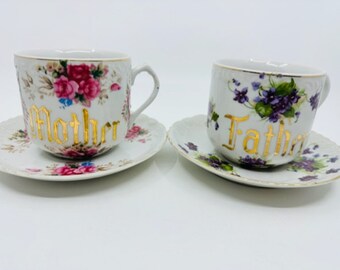ESD Japan Hand Painted Mother Father Oversized Teacups and Saucers