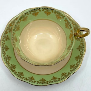 Royal Albert Crown China Green Gold and Beige Teacup and Saucer