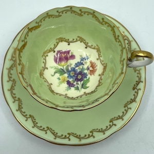 Aynsley Light Green and Floral Teacup and Saucer