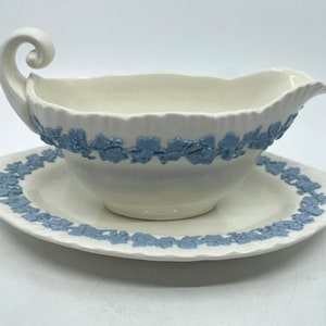 Wedgwood of Etruria and Barlaston Embossed Queen’s Ware Gravy Boat and Drip Plate