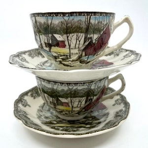 Set of Two Johnson Bros The Ice House Friendly Village Teacups and Saucers