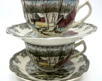 Set of Two Johnson Bros The Ice House Friendly Village Teacups and Saucers