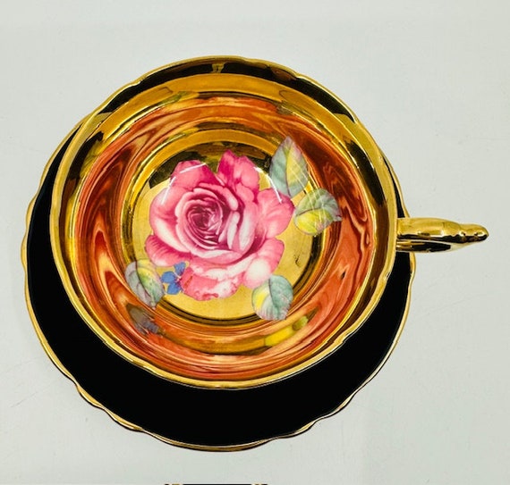 SUPER RARE Paragon Black and Gold Floating Pink Cabbage Rose
