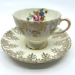 Foley Gold and Colourful Floral Teacup and Saucer