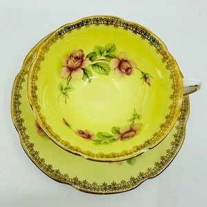 Royal Grafton Butter Yellow with Pink Roses Teacup and Saucer