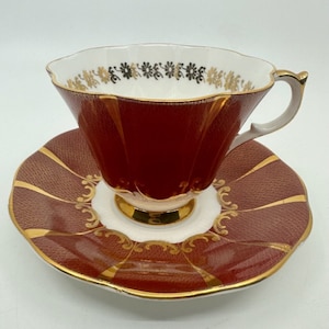 Queen Anne Red and Gold Fluted Teacup and Saucer