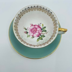 Aynsley Sage Green Pink Floral Teacup and Saucer