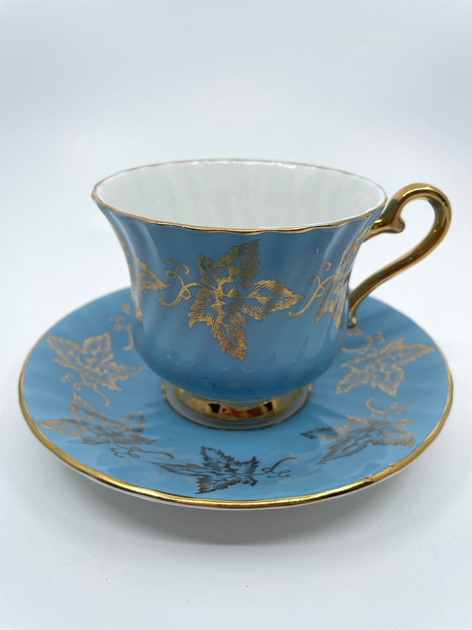 HM Sutherland Blue and Gold Leaf Teacup and Saucer Etsy