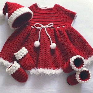 Red Winter Christmas Baby Dress Set: Booties, Gloves, & Hat. Baby Gift, Newborn Gift, Baby Gift for Girl, Christmas Gift, New Mom Gift.