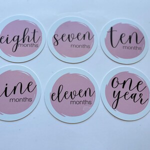 May include: Six pink and white circular baby milestone stickers with black text. The stickers say "eight months", "seven months", "ten months", "nine months", "eleven months", and "one year".